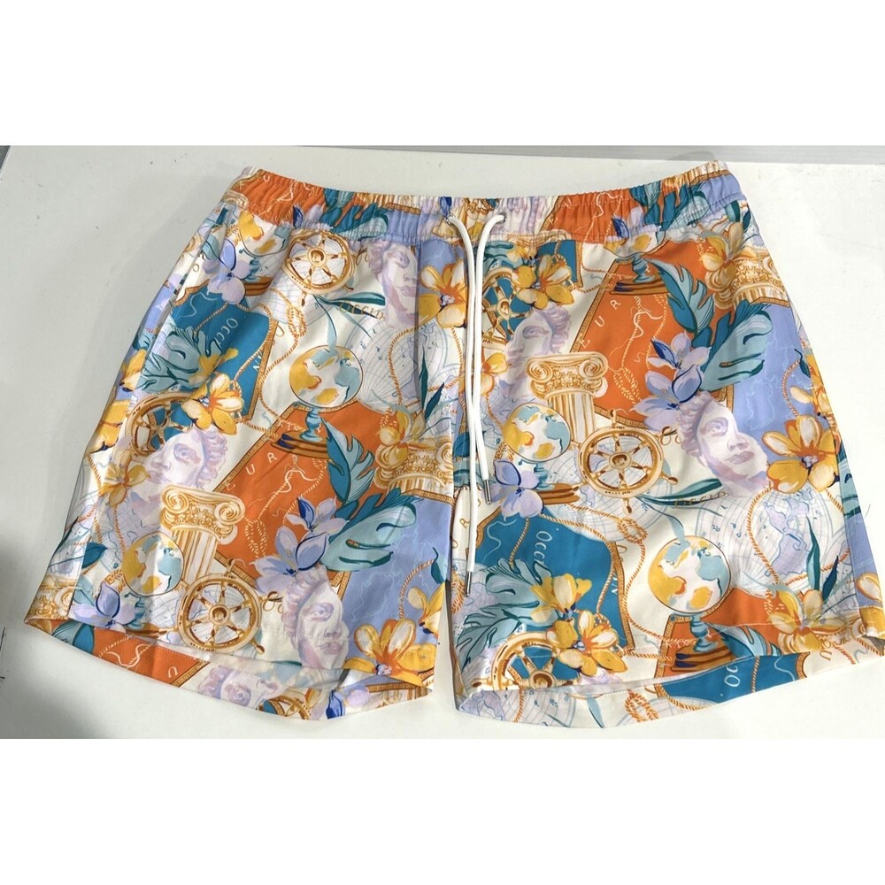 Robert Graham Gold Treasure Nautical Tropical Print Swim Shorts Bathing Suit L